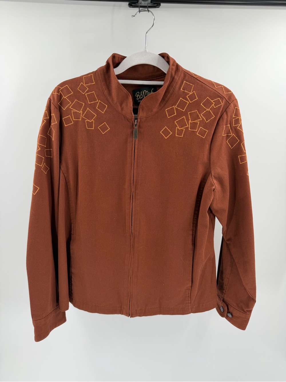 Bob Mackie Rust Brown Embroidered Zip Front Jacket Cotton Size Large